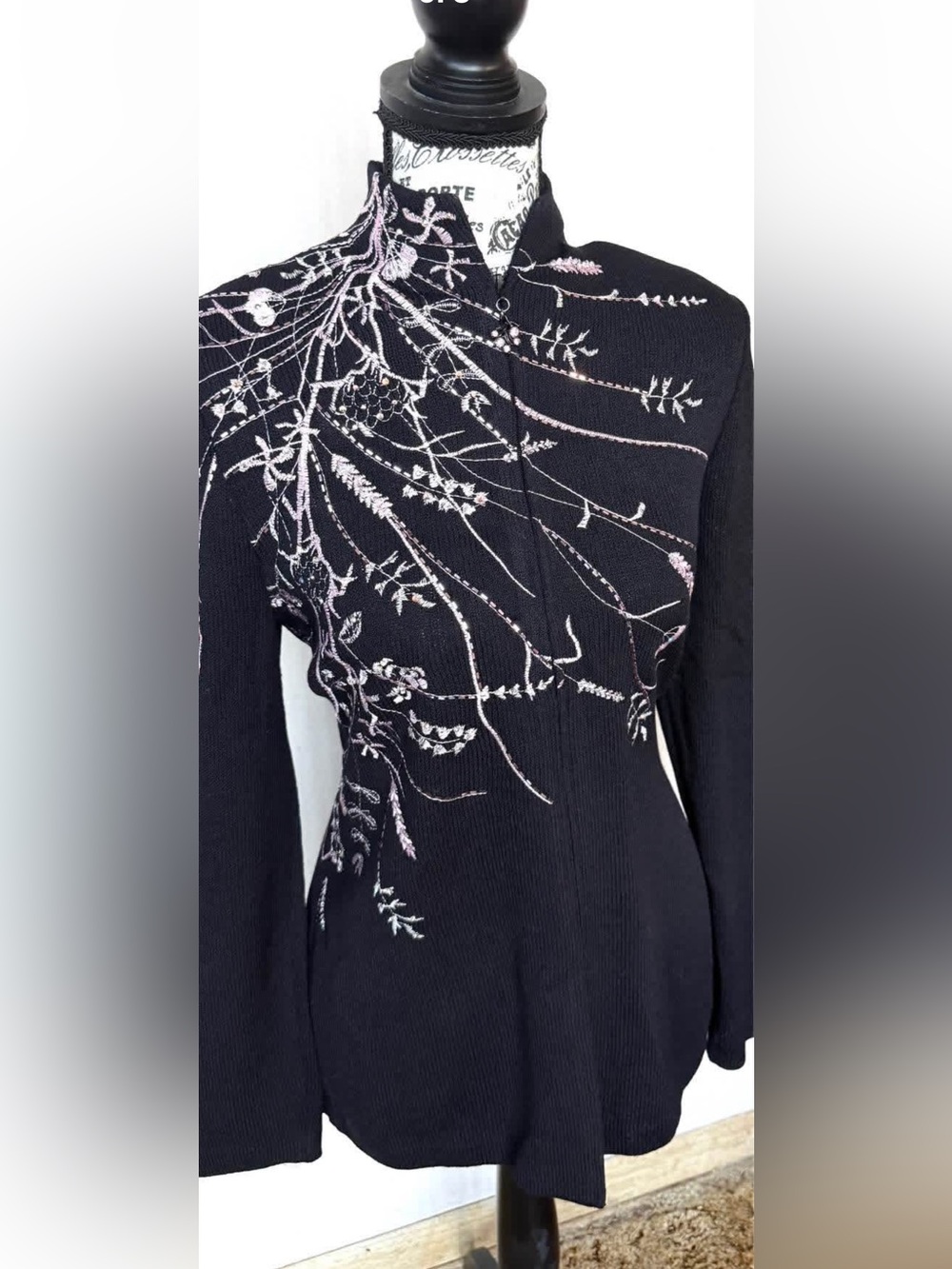 St John Black Embroidered Mandarin Collar jacket with Pink Floral Detailing size